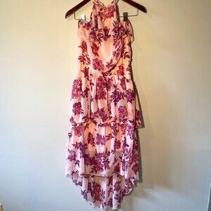 Rickis Floral Tiered Halter Dress Pink Waterfall Hemline Ruffle Feminine Wedding